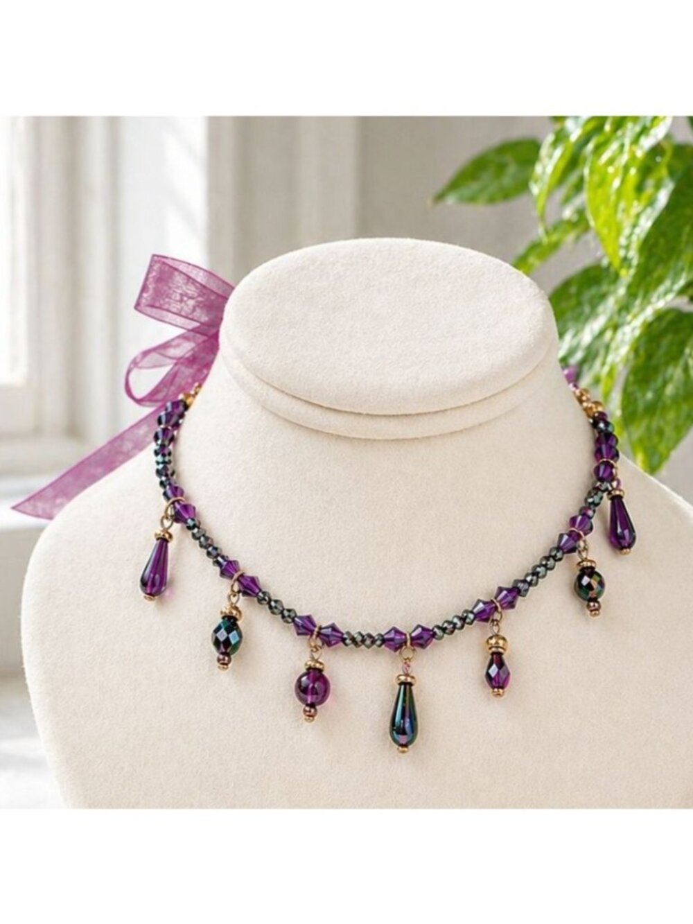 Vintage Purple Beaded Choker Necklace With Ribbon Tie & Dangling Glass Beads